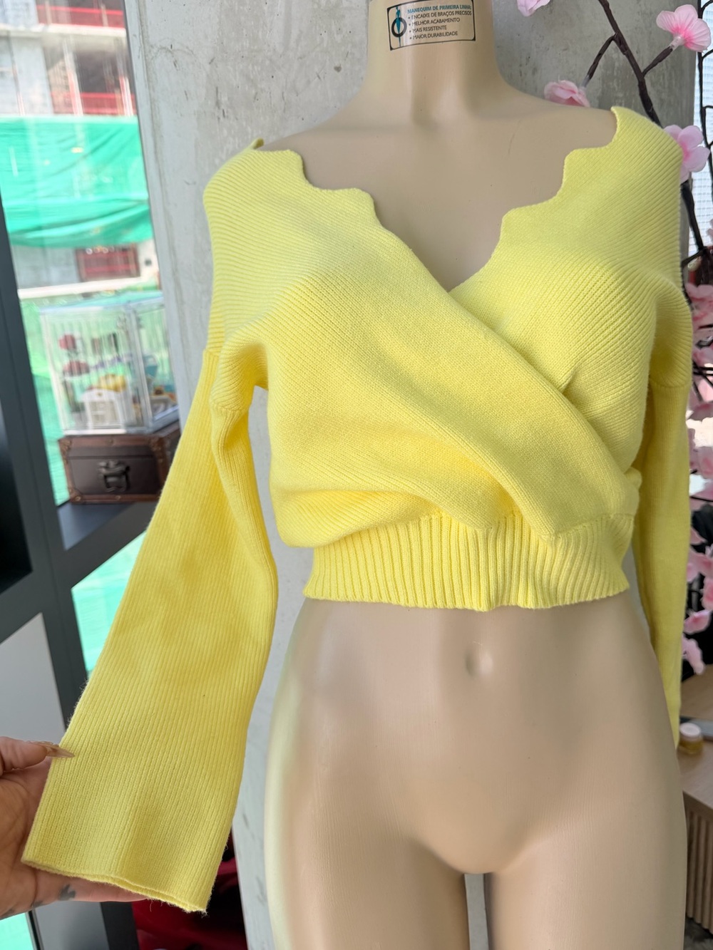 NWOT Fashion Nova Lemon Yellow Off-Shoulder Wrap Cropped Sweater Size Small